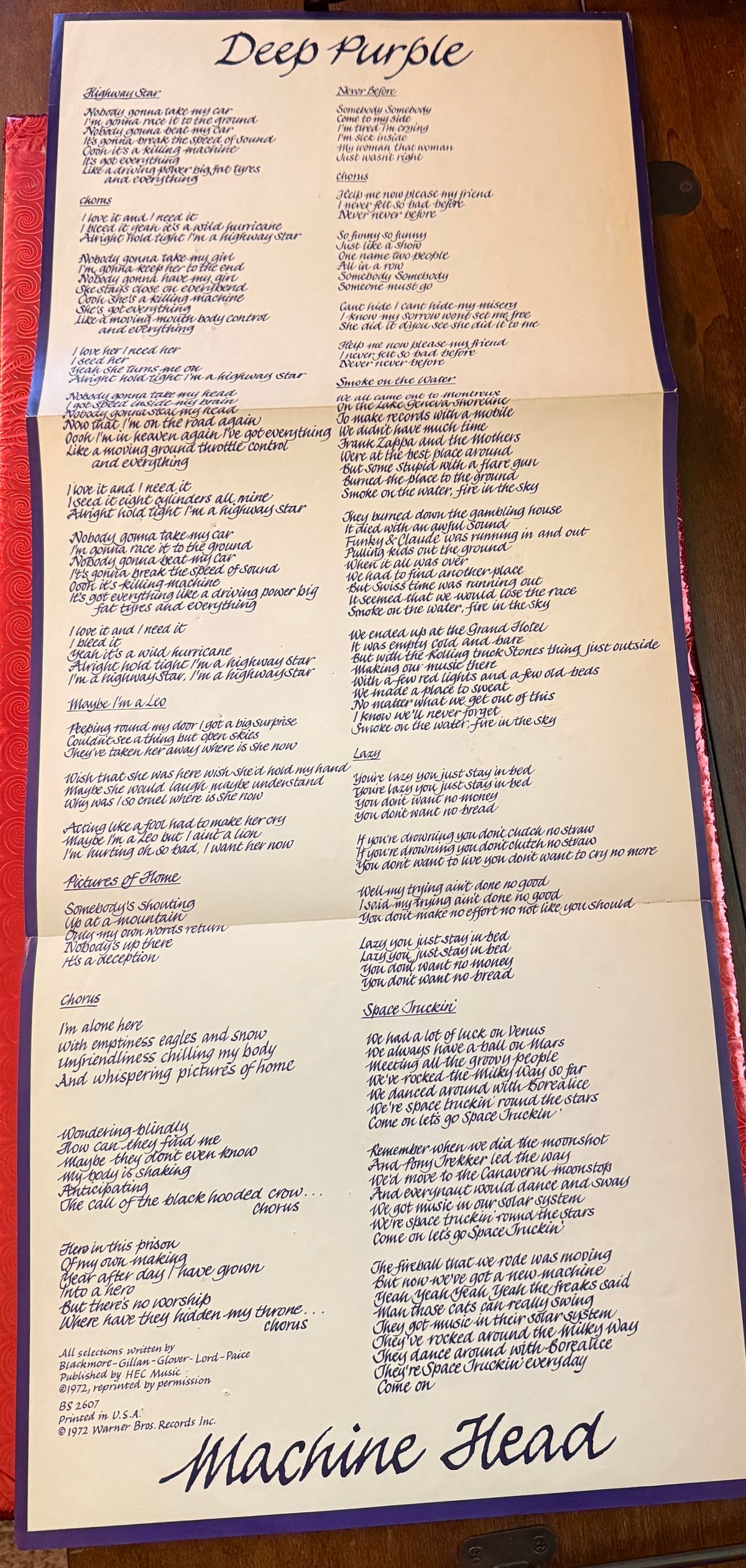 #36 Deep Purple Machine Head original lyric sheet 11.5 x 36