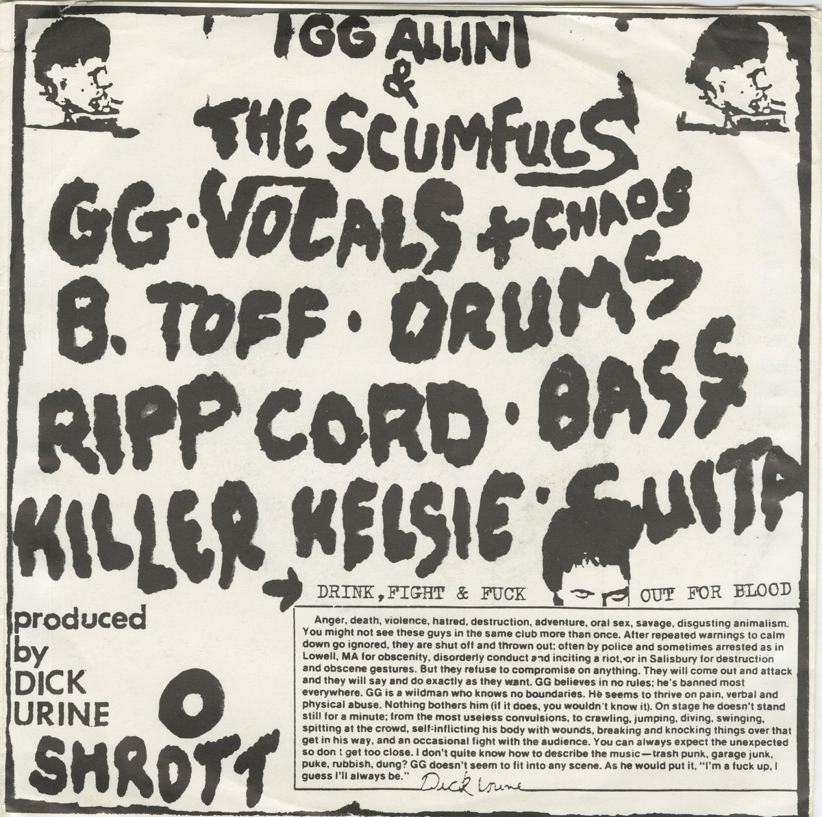 #102 GG Allin & The Scumfucs/Artless Split 7" original 1983 with insert