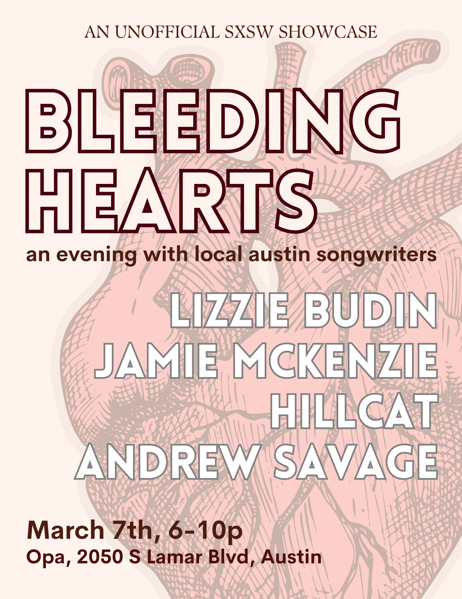 Andrew savage live poster for his concert at the Sahara lounge in Austin, Texas with lizzie budin, jamie mckenzie, and hillcat at Opa in Austin Texas