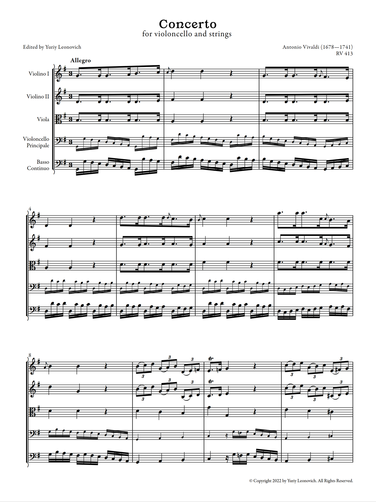 Vivaldi - Cello Concerto in G major, RV 413 (Urtext Edition)