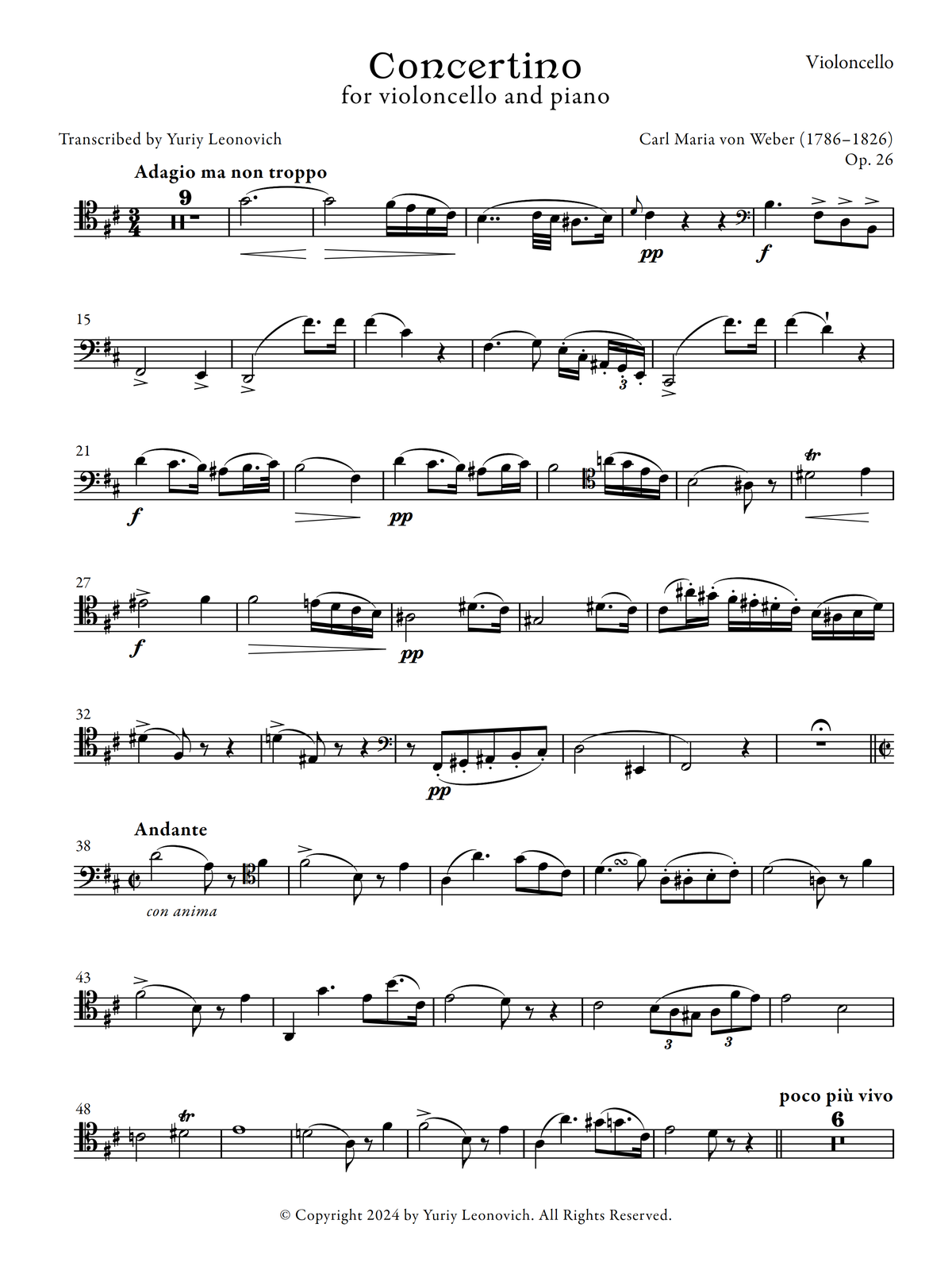 Weber - Concertino, Op. 26 (Transcribed for Cello and Piano)