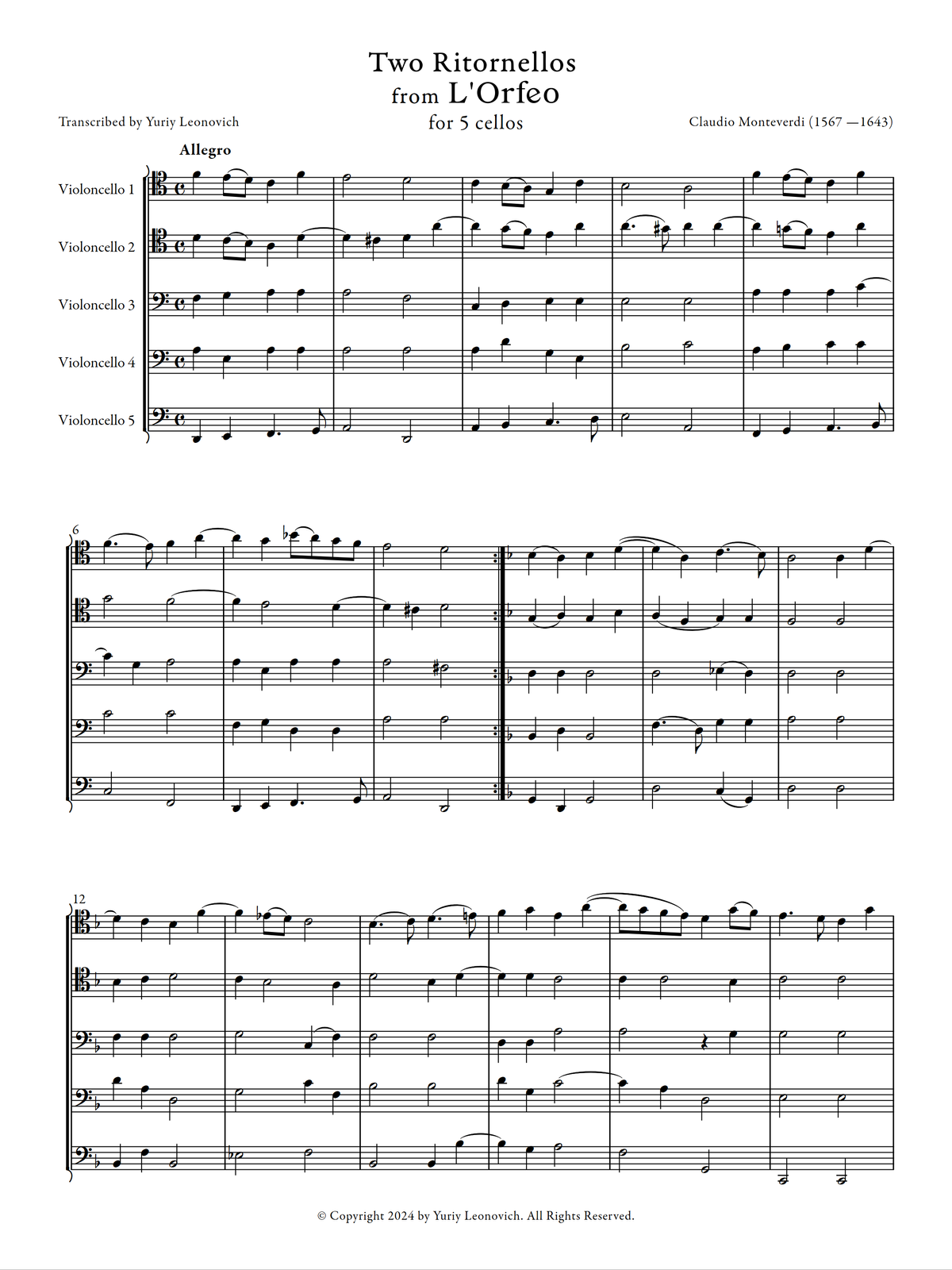 Monteverdi - Two Ritornellos from L'Orfeo (for 5 cellos)