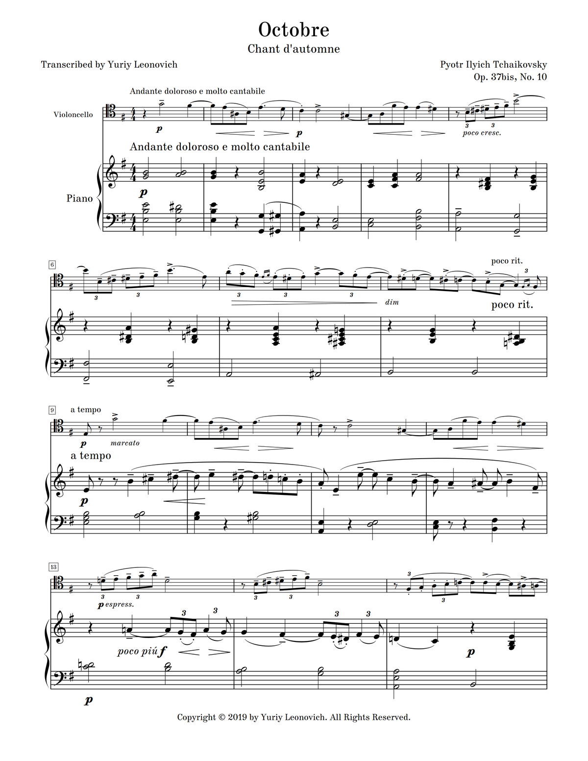 Tchaikovsky - October, from The Seasons, Op. 37b, No. 10 (Transcribed for Cello and Piano)