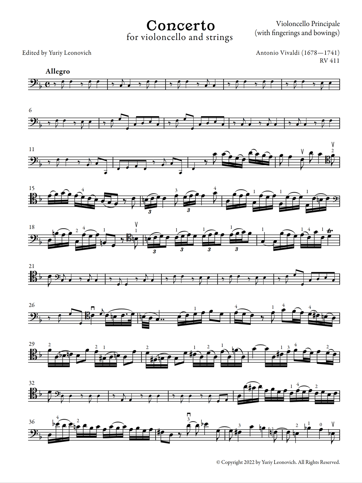Vivaldi - Cello Concerto in F major, RV 411 (Urtext Edition, Piano)