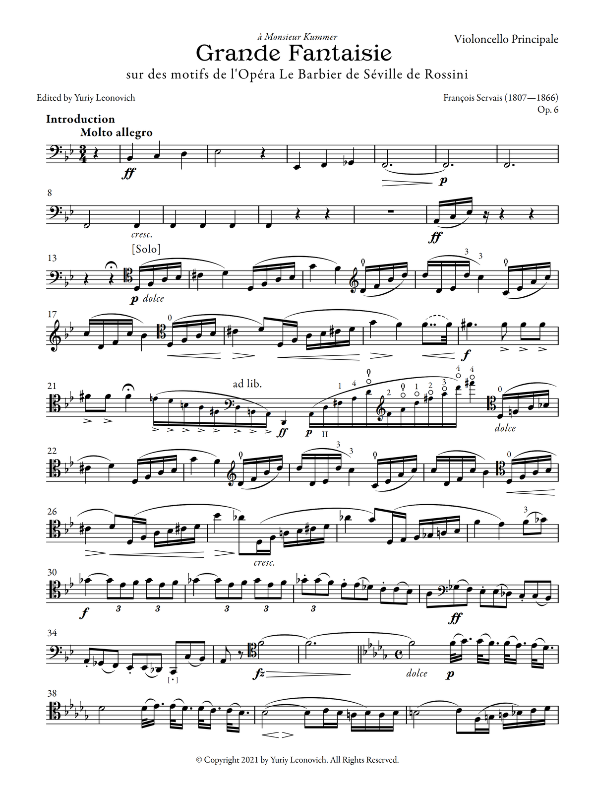 Servais - Grande Fantaisie sur des motifs de l'Opéra le Barbier de Séville de Rossini, Op. 6 (Urtext Edition, Piano Version)