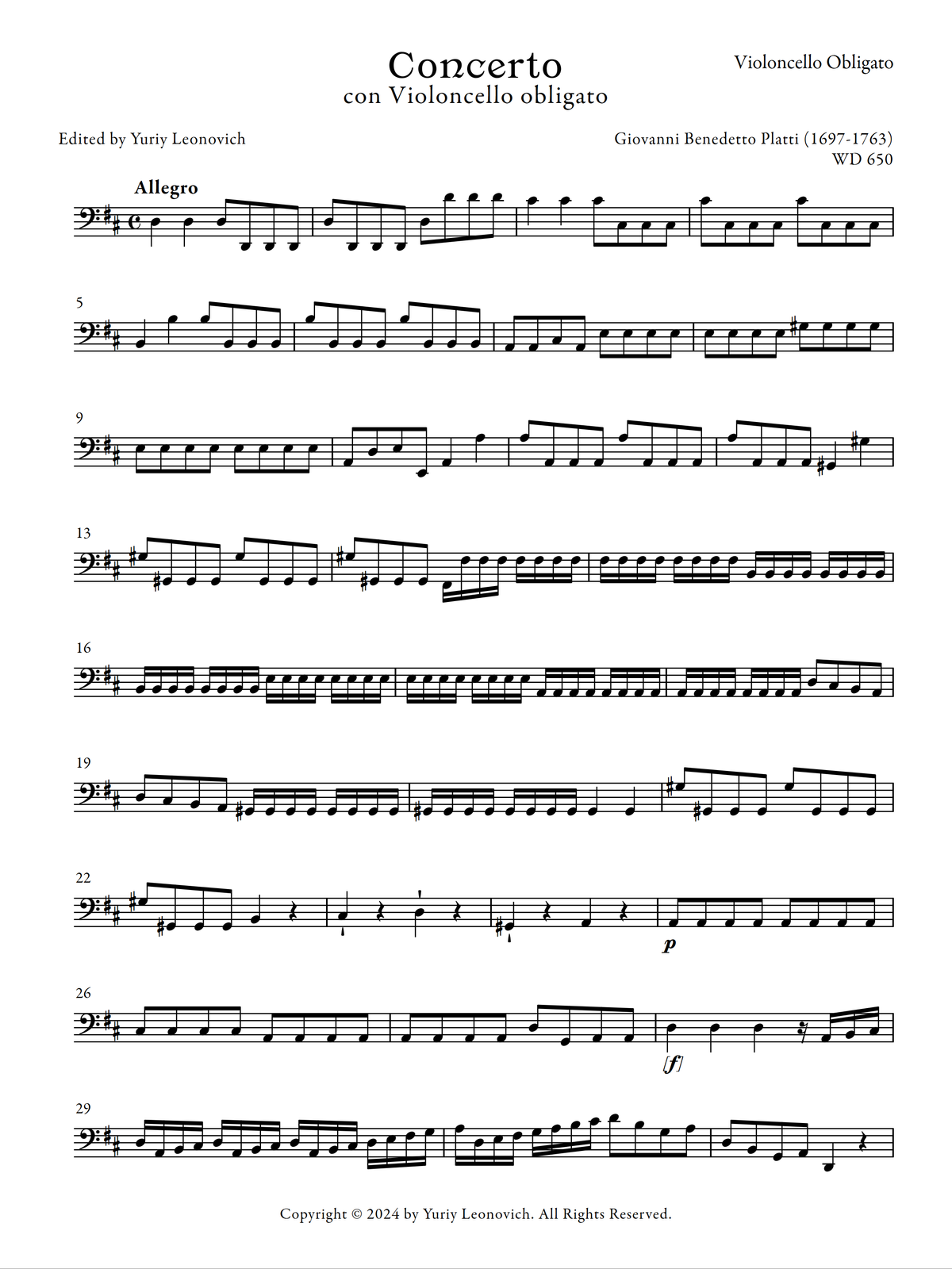 Platti - Cello Concerto in D major, WD 650 (Urtext Edition, Piano Reduction)