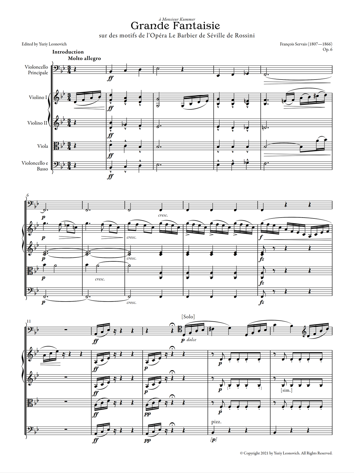 Servais - Grande Fantaisie sur des motifs de l'Opéra le Barbier de Séville de Rossini, Op. 6 (Urtext Edition, Quintet Version)