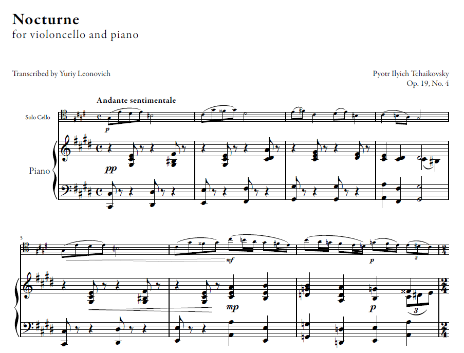 Tchaikovsky - Nocturne Op. 19, No. 4 for Cello and Piano (original key: C# minor)
