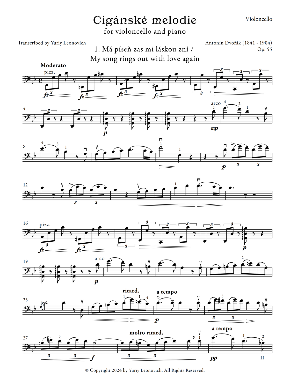 Dvořák - Cigánské melodie (Gypsy Songs), Op. 55 (Transcribed for Cello and Piano)