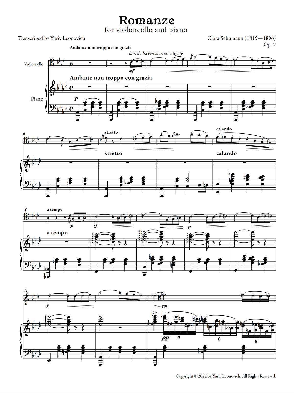 Clara Schumann - Romance from Piano Concerto, Op. 7 (Transcribed for Cello and Piano)