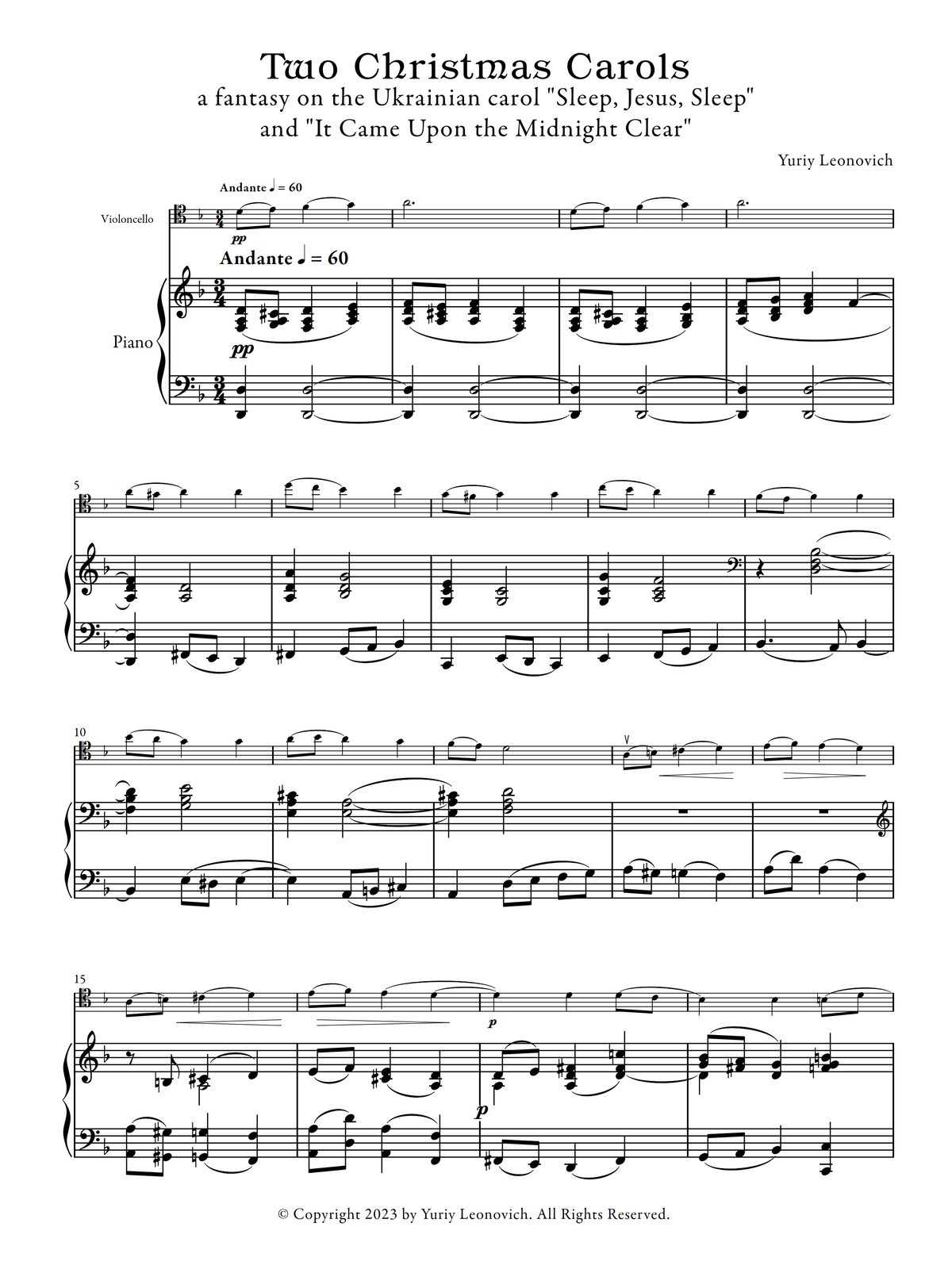 Leonovich - 2 Christmas Carols, a fantasy for cello and piano