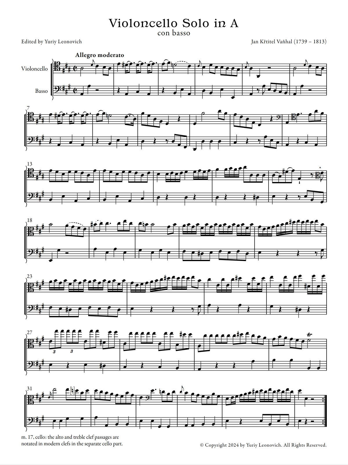 Vanhal - Violonello Solo in A (Urtext Edition)
