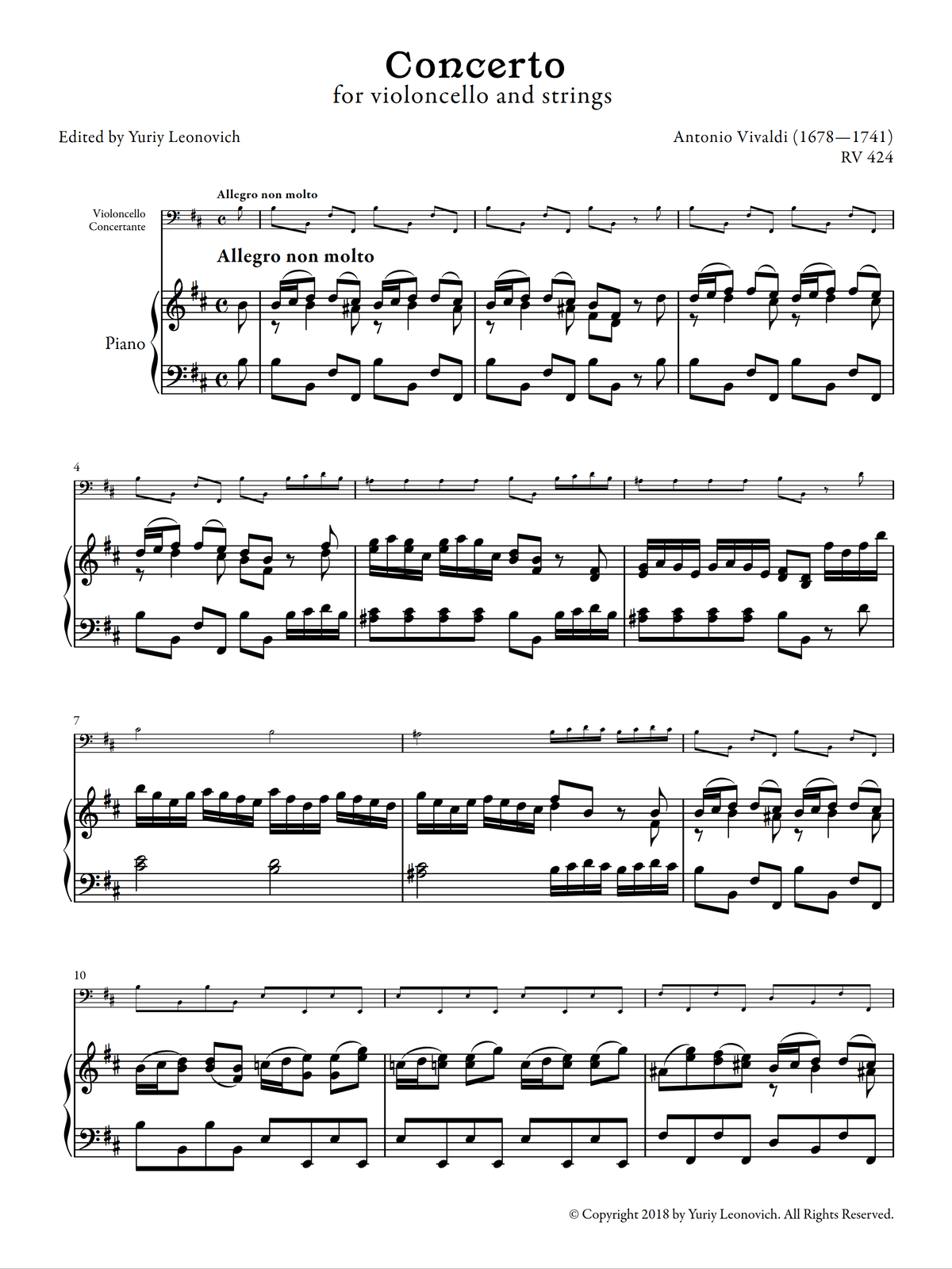 Vivaldi - Cello Concerto in B minor, RV 424 (Urtext Edition, Piano)