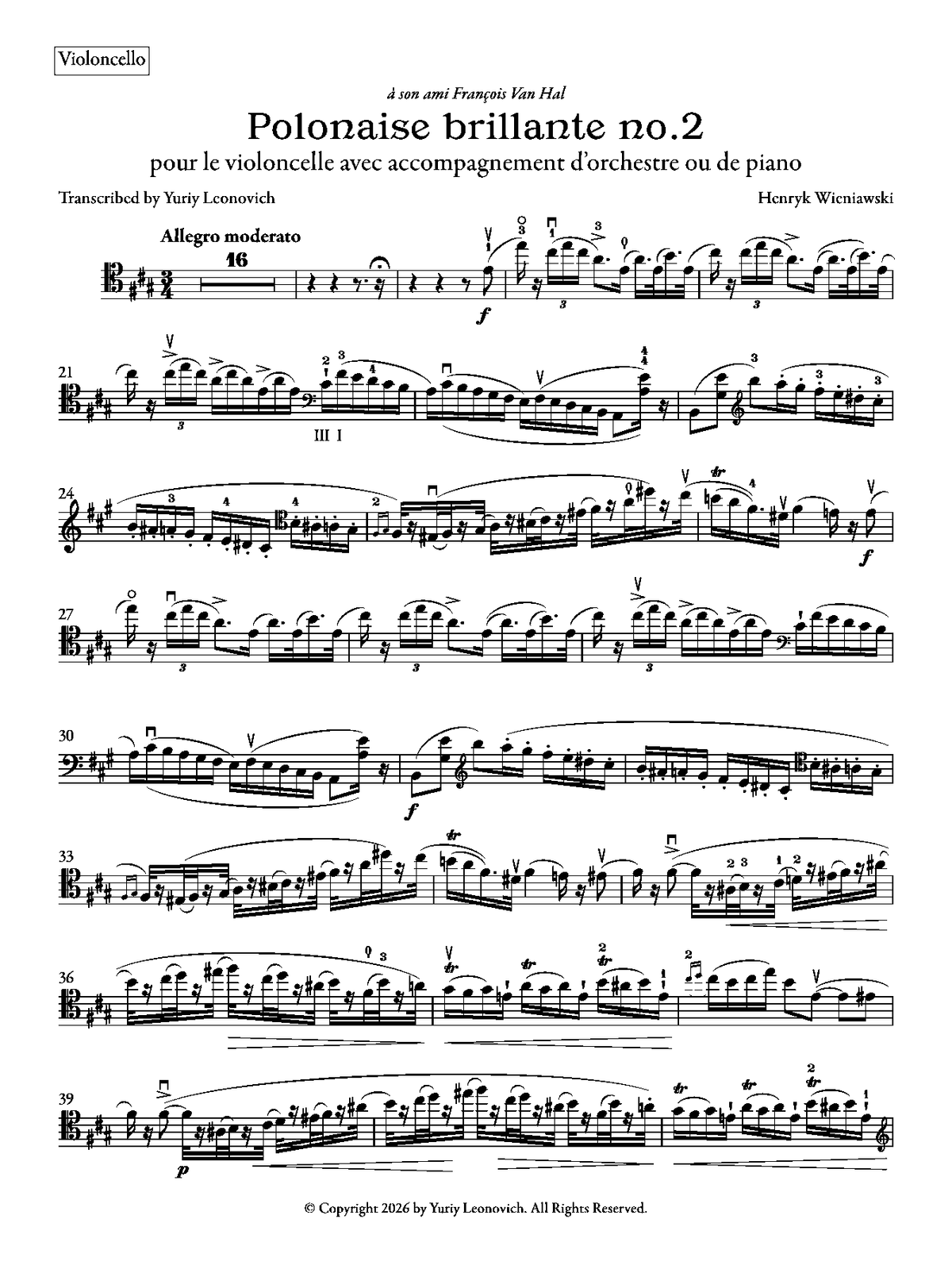 Wieniawski - Polonaise Brillante No. 2 (Transcribed for Cello and Piano)