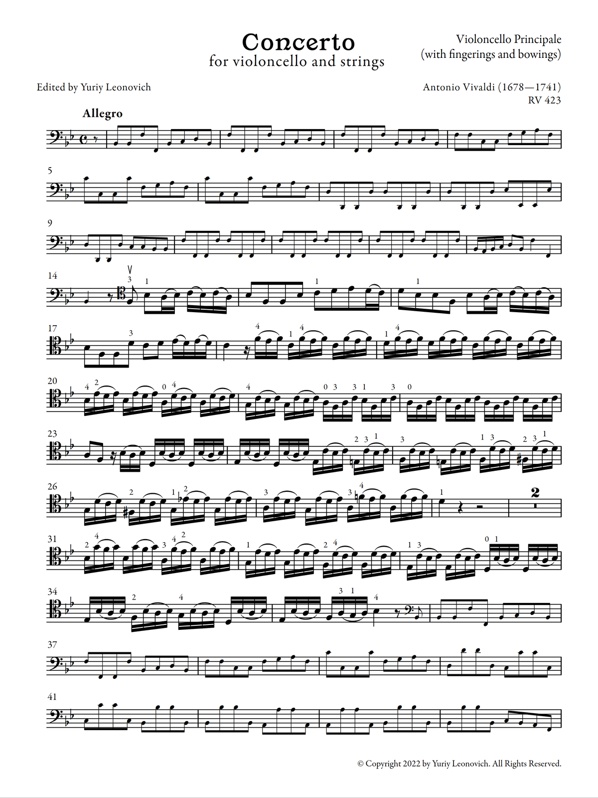Vivaldi - Cello Concerto in B-flat, RV 423 (Urtext Edition, Piano)