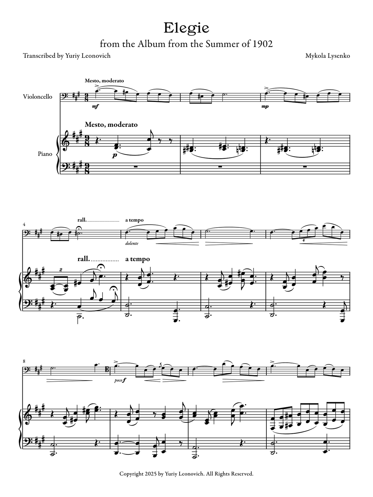 Lysenko - Elegie, Op. 41, No. 3 (Transcribed for Cello and Piano)