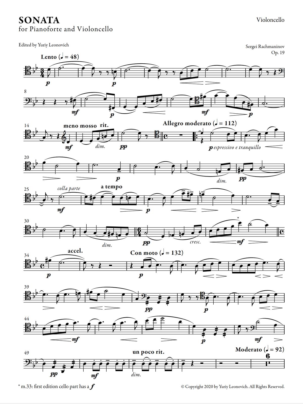 Rachmaninov - Cello Sonata (Urtext Edition, Cello Part Only)