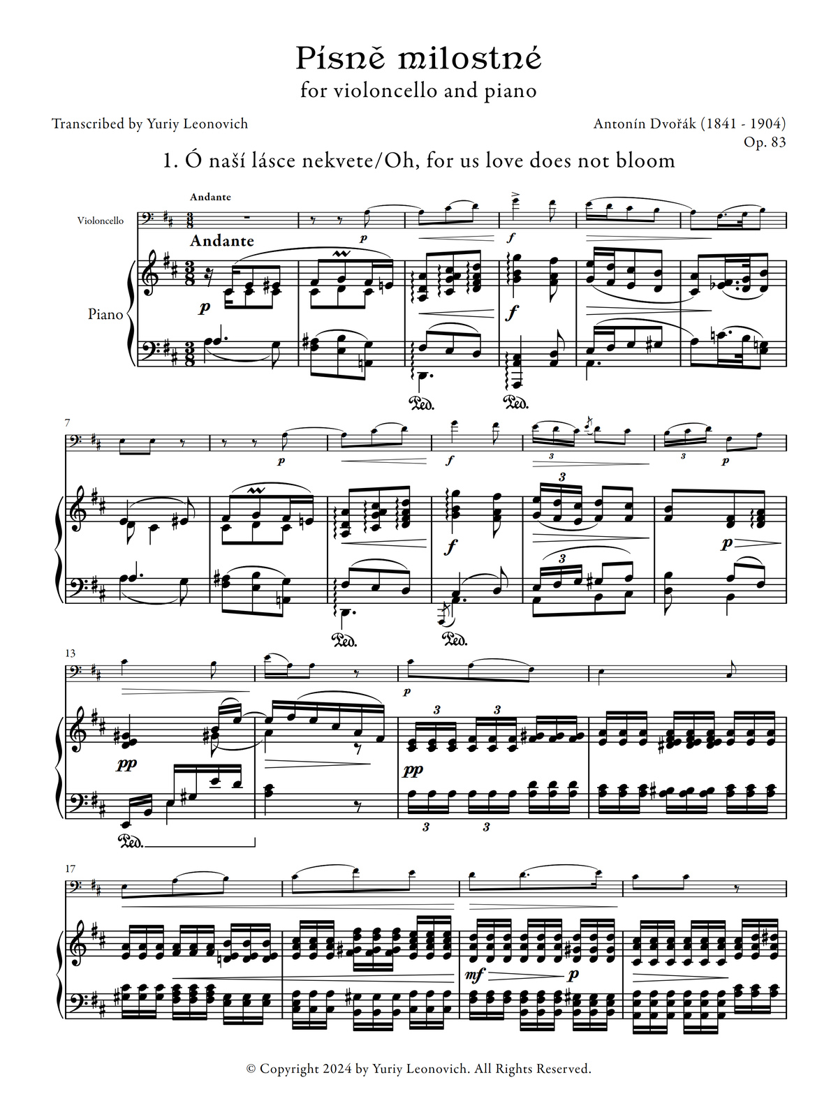 Dvořák - Písně milostné (Love Songs), Op. 83 (Transcribed for Cello and Piano)