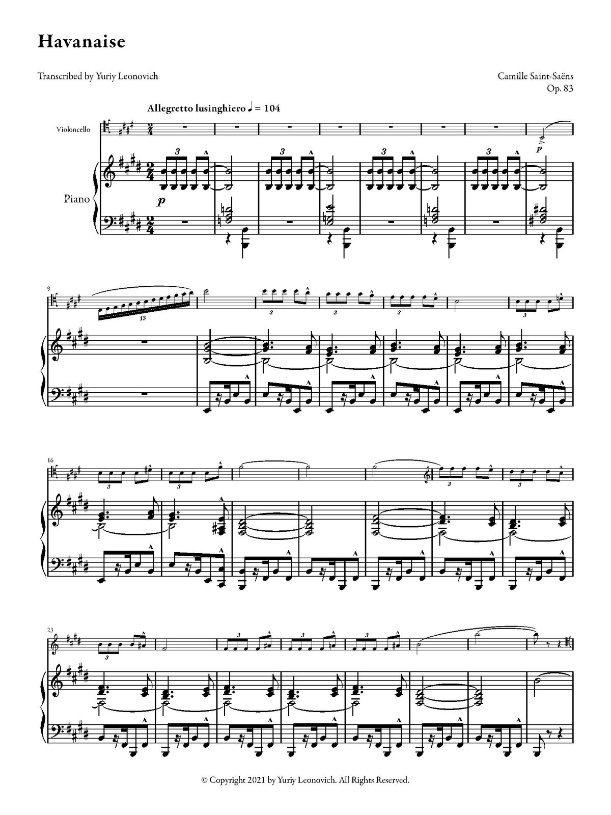 Saint-Saëns - Havanaise, Op. 83 (Transcribed for Cello and Orchestra/Piano)