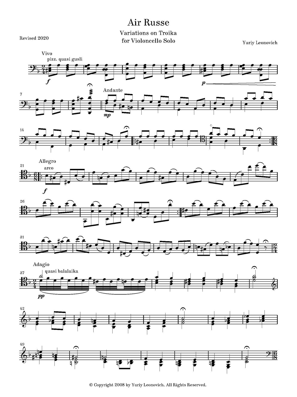 Leonovich - Air Russe (Variations on "Troika") for Cello Solo