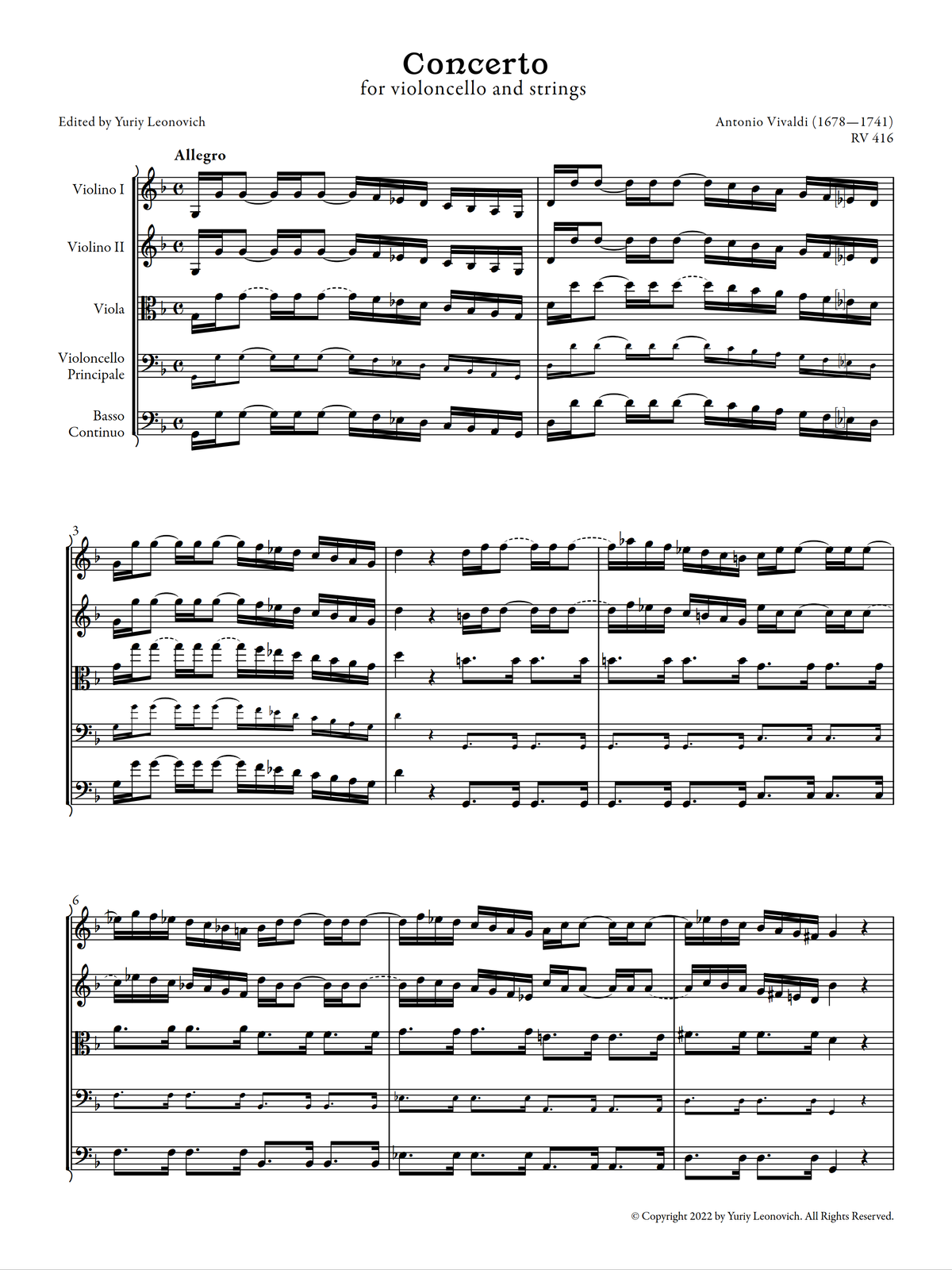 Vivaldi - Cello Concerto in G minor, RV 416 (Urtext Edition)