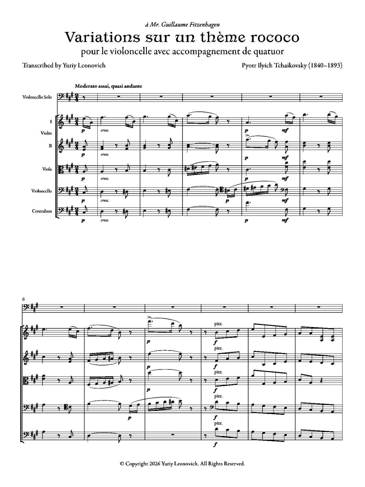 Tchaikovsky - Variations on a Rococo Theme (Standard version, for Cello and String Quintet)