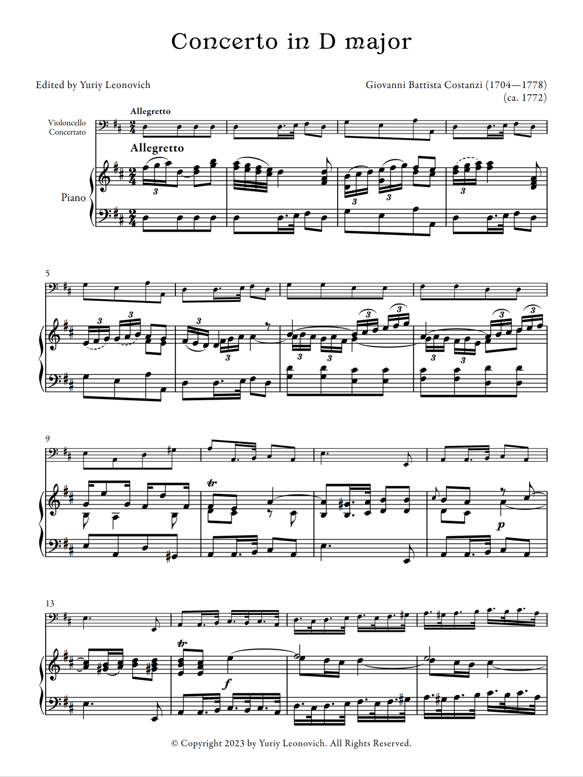 Costanzi - Cello Concerto in D major (Urtext Edition, Keyboard Reduction)