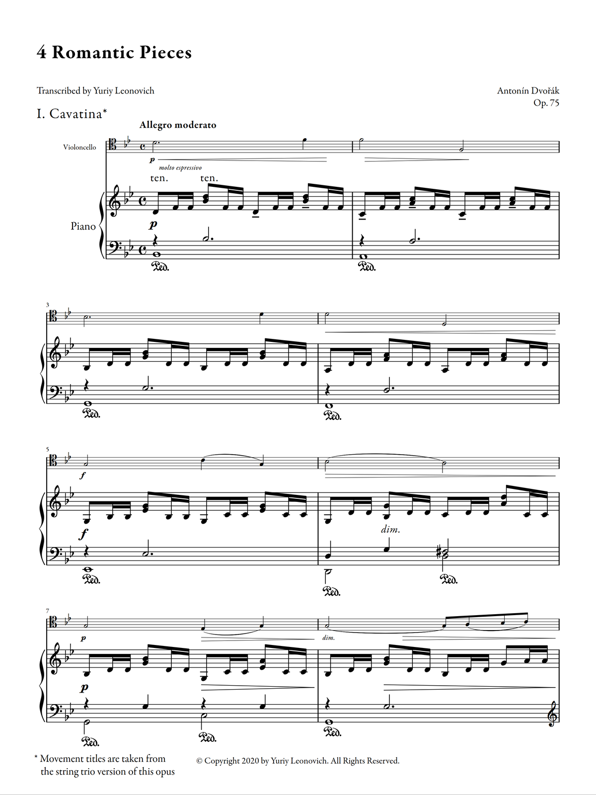 Dvořák - Romantic Pieces, Op. 75 (Transcribed for Cello and Piano)