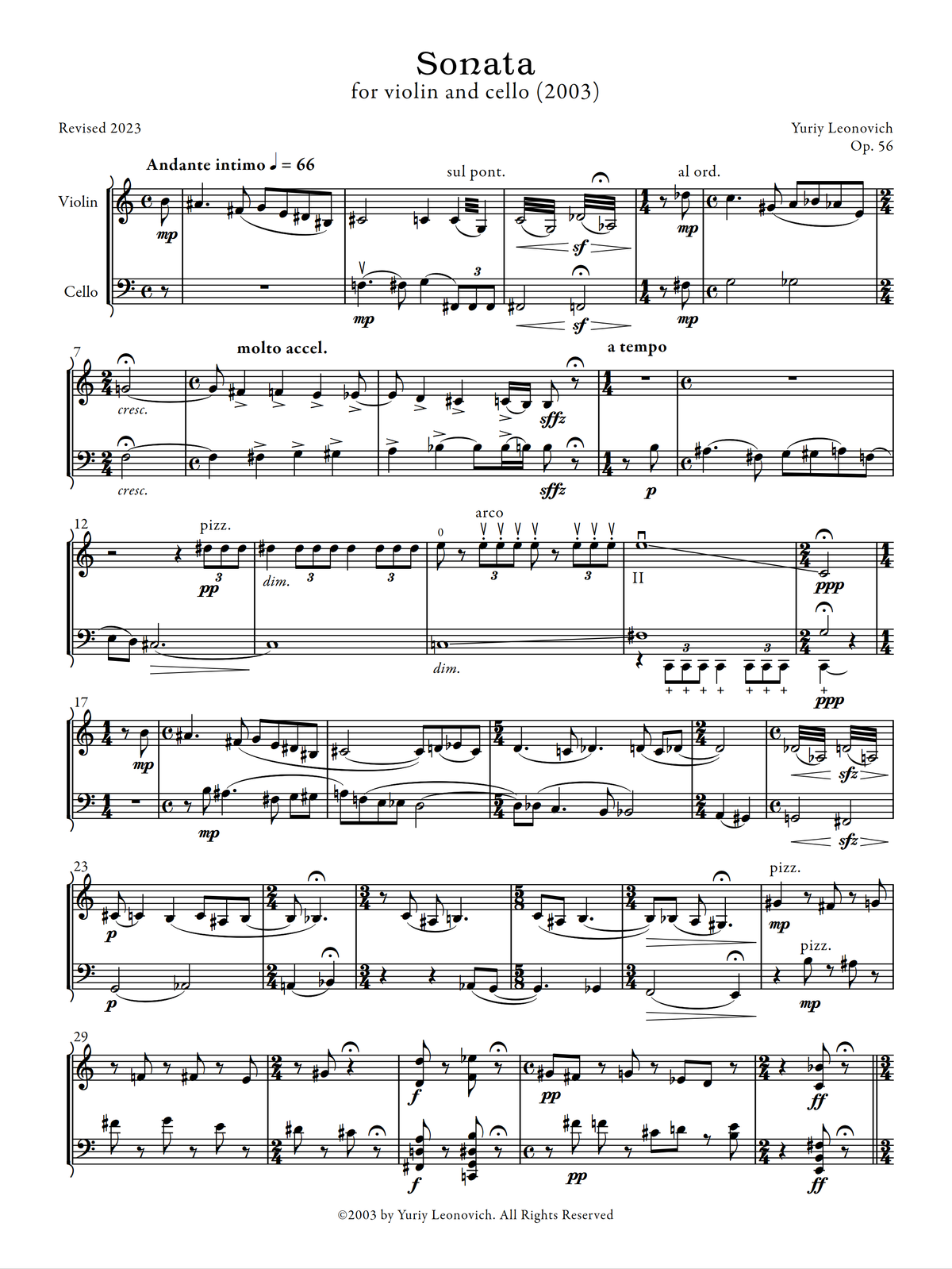 Leonovich - Sonata for Violin and Cello, Op. 56 (2003)