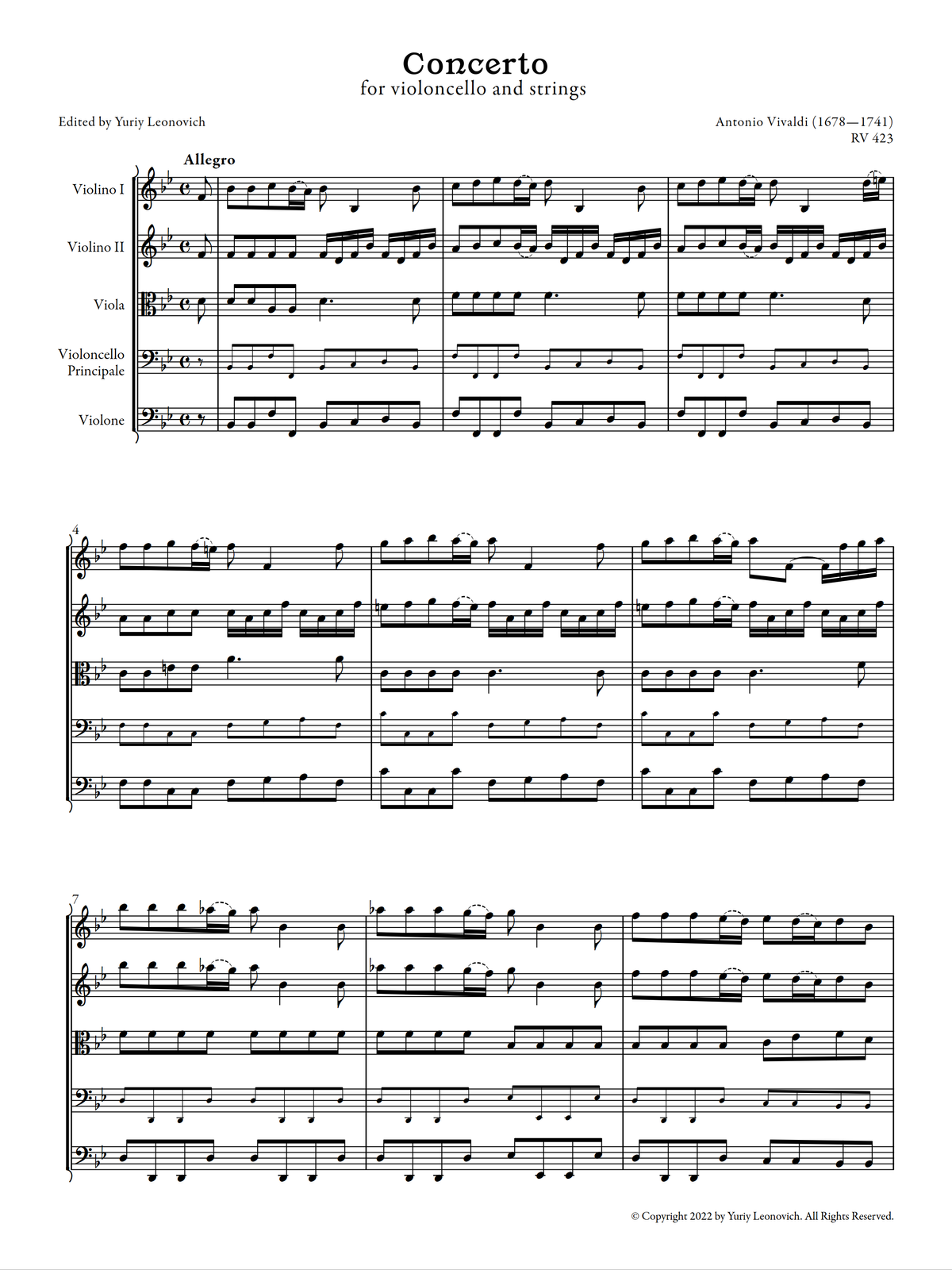 Vivaldi - Cello Concerto in B-flat, RV 423 (Urtext Edition)
