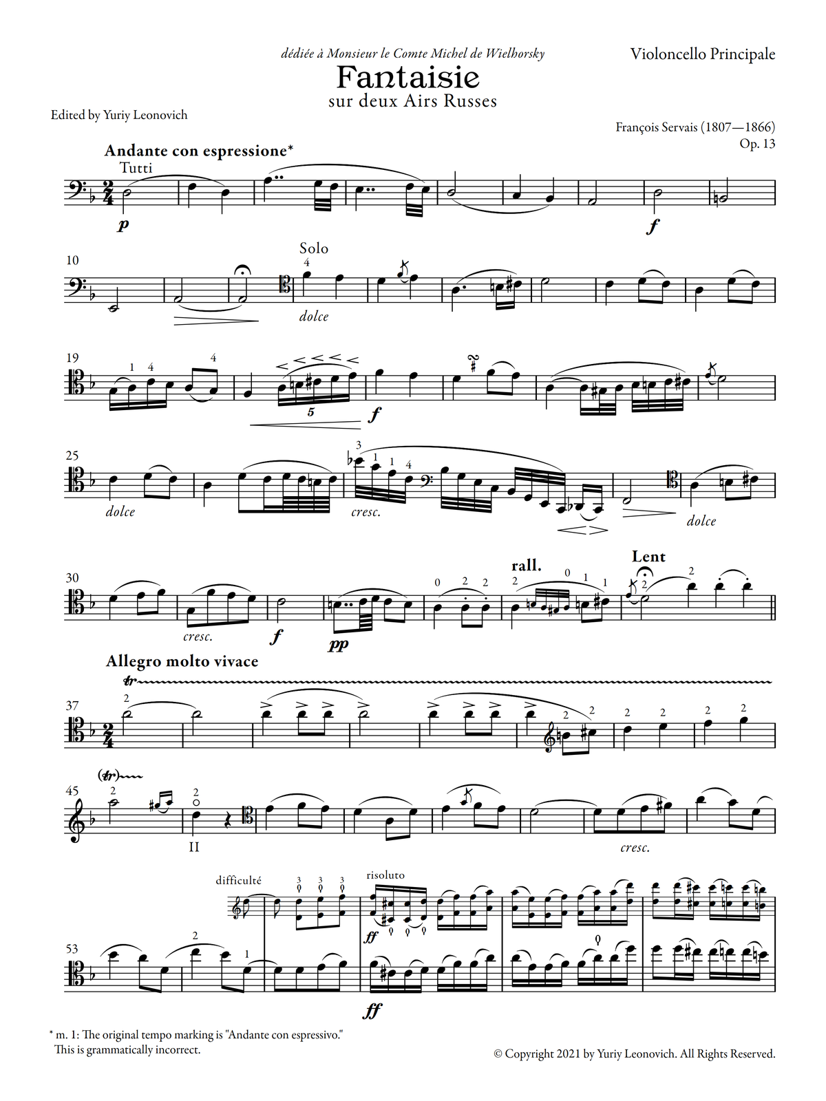 Servais - Fantaisie sur deux Airs Russes, Op. 13 (Urtext Edition)