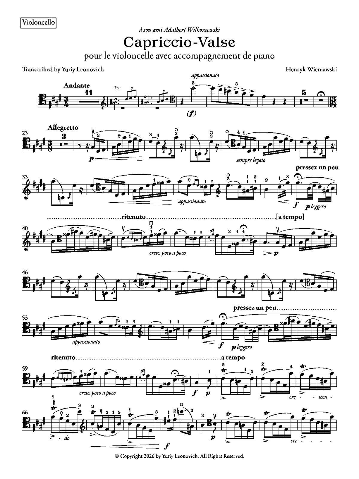 Wieniawski - Capriccio-Valse, Op. 7 (Transcribed for cello and piano)