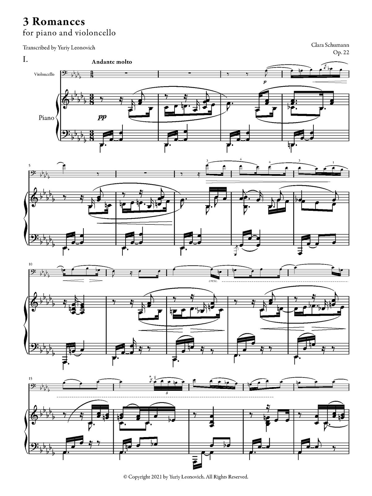 Clara Schumann - 3 Romances, Op. 22 (Transcribed for Cello and Piano)