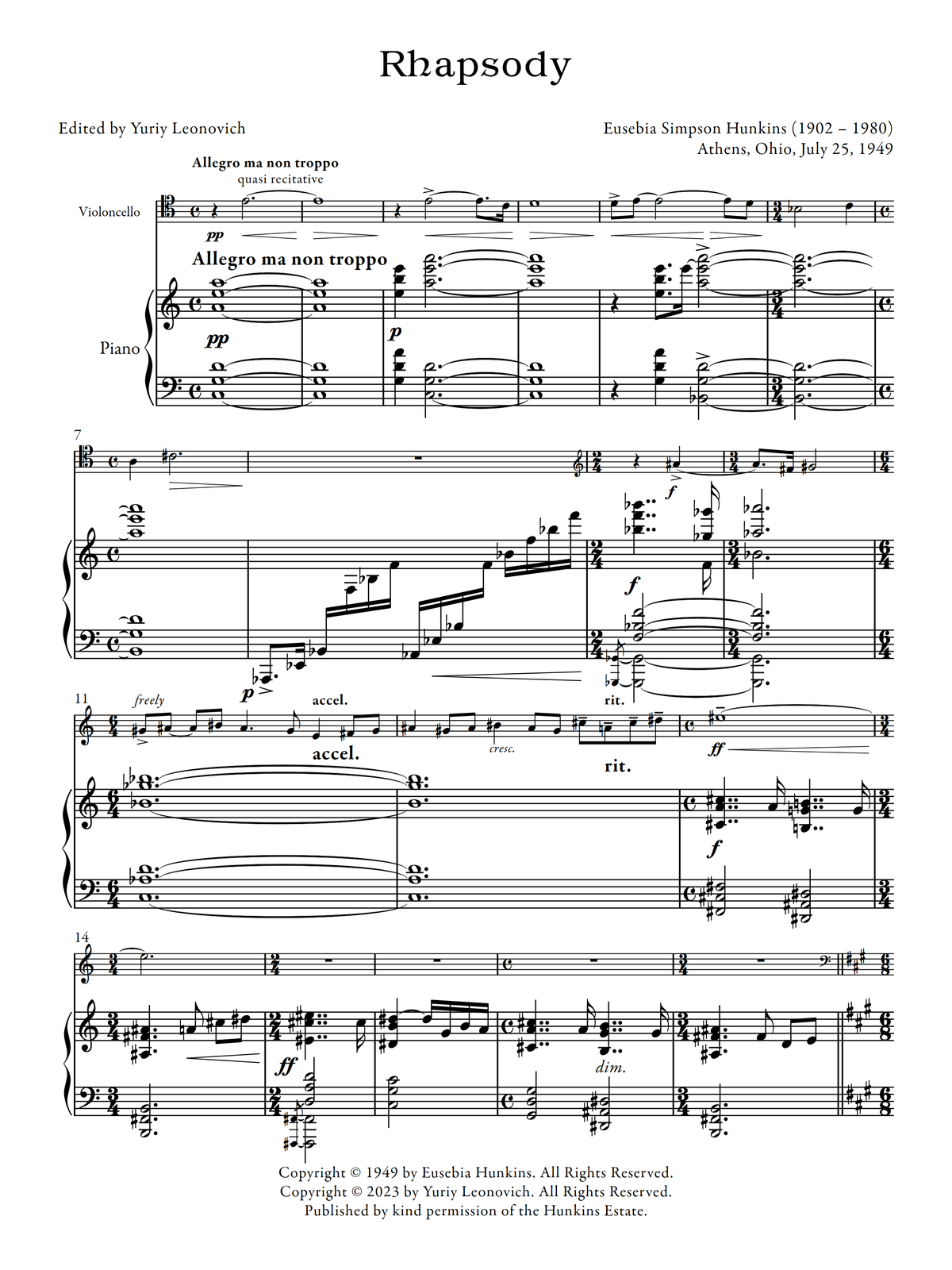 Eusebia Hunkins - Rhapsody for Cello and Piano (First Edition)
