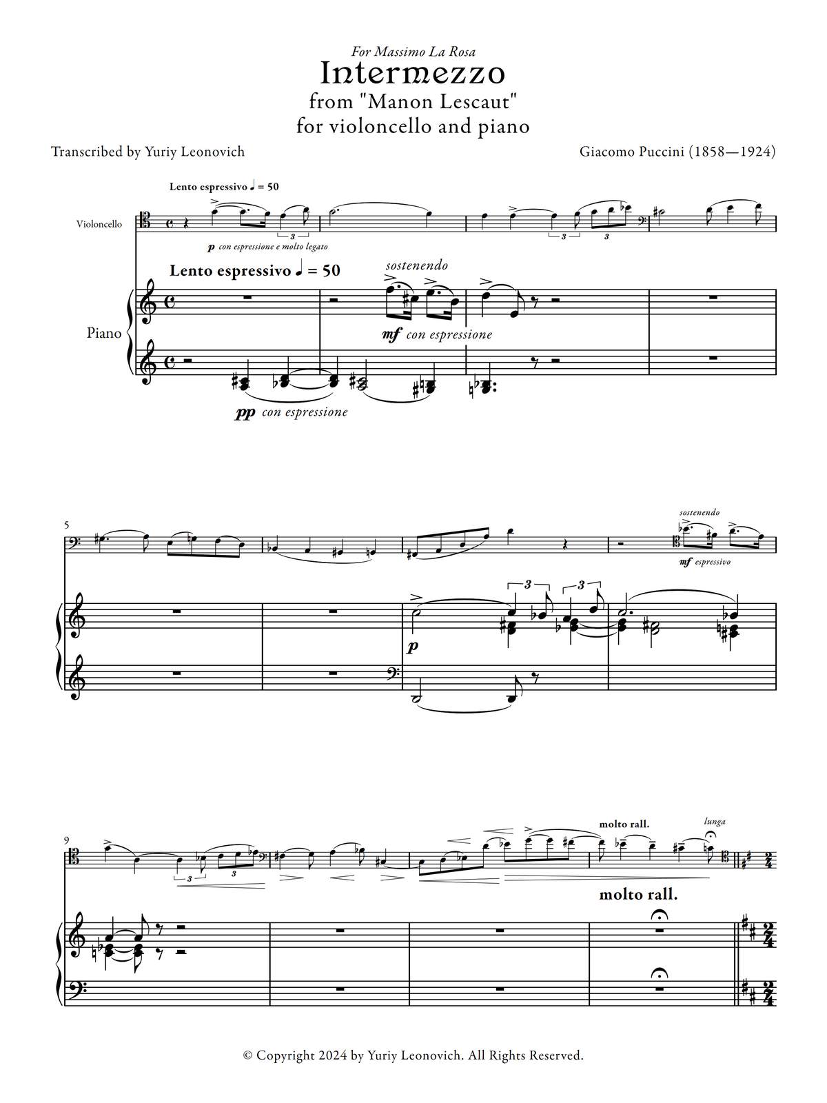 Puccini - Intermezzo from Manon Lescaut (Transcribed for Cello and Piano)