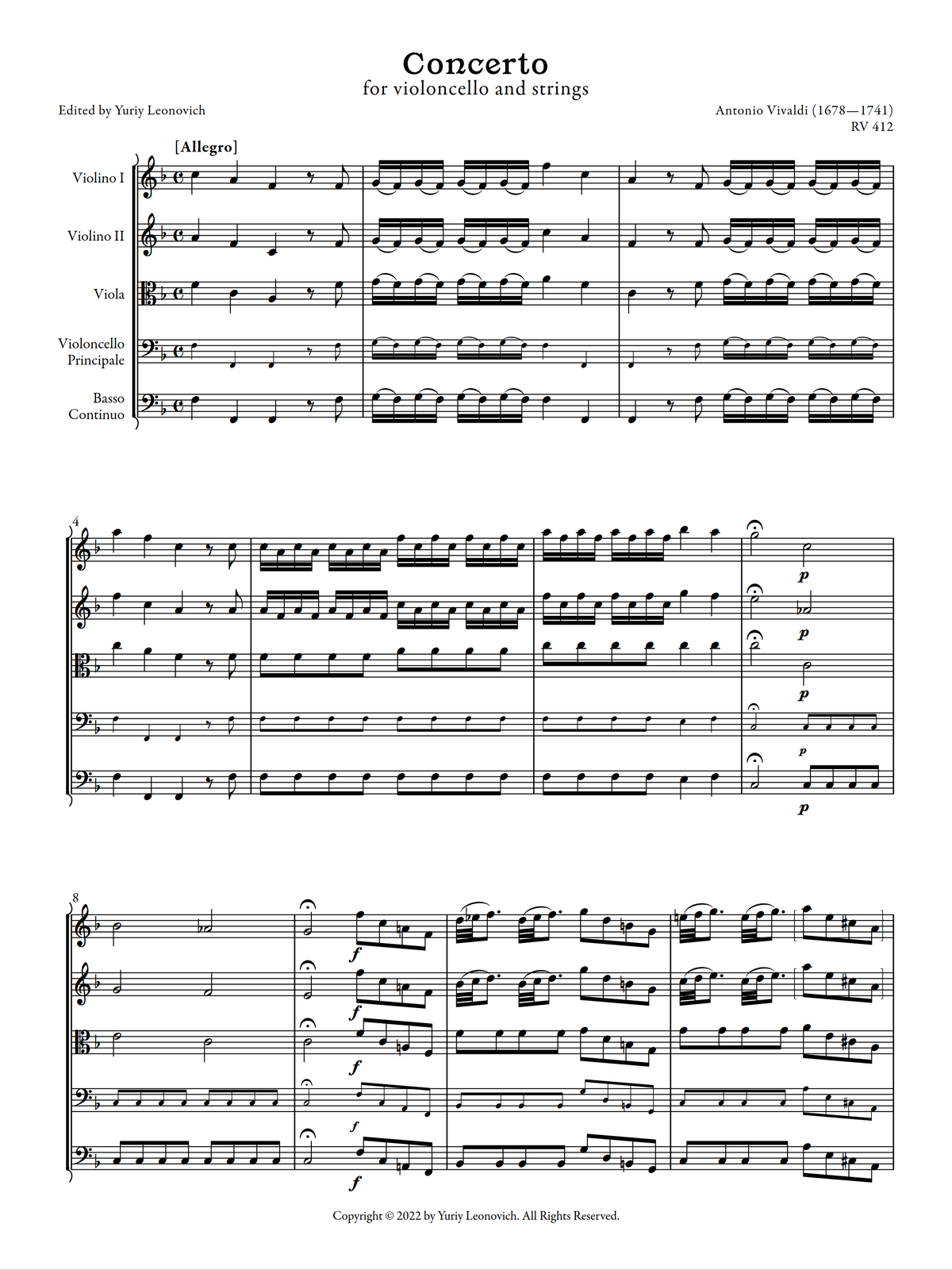 Vivaldi - Cello Concerto in F major, RV 412 (Urtext Edition)