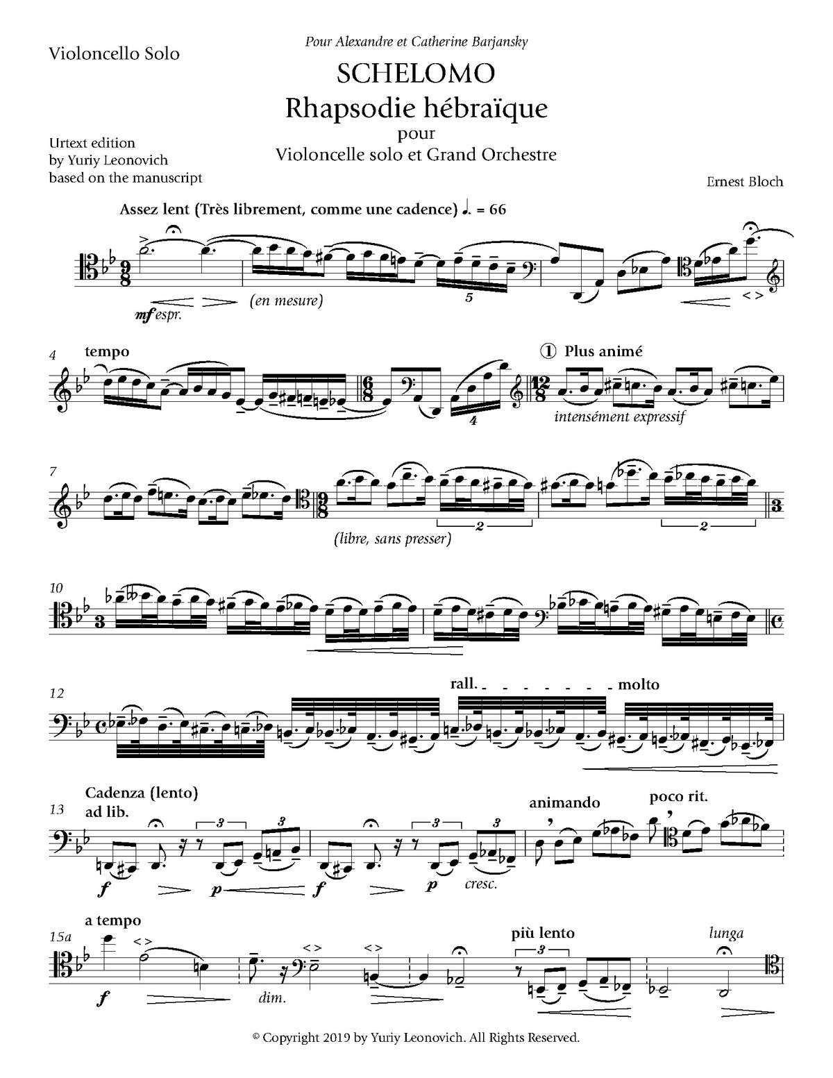 Bloch - Schelomo (Urtext - Cello Solo part only) - No markings