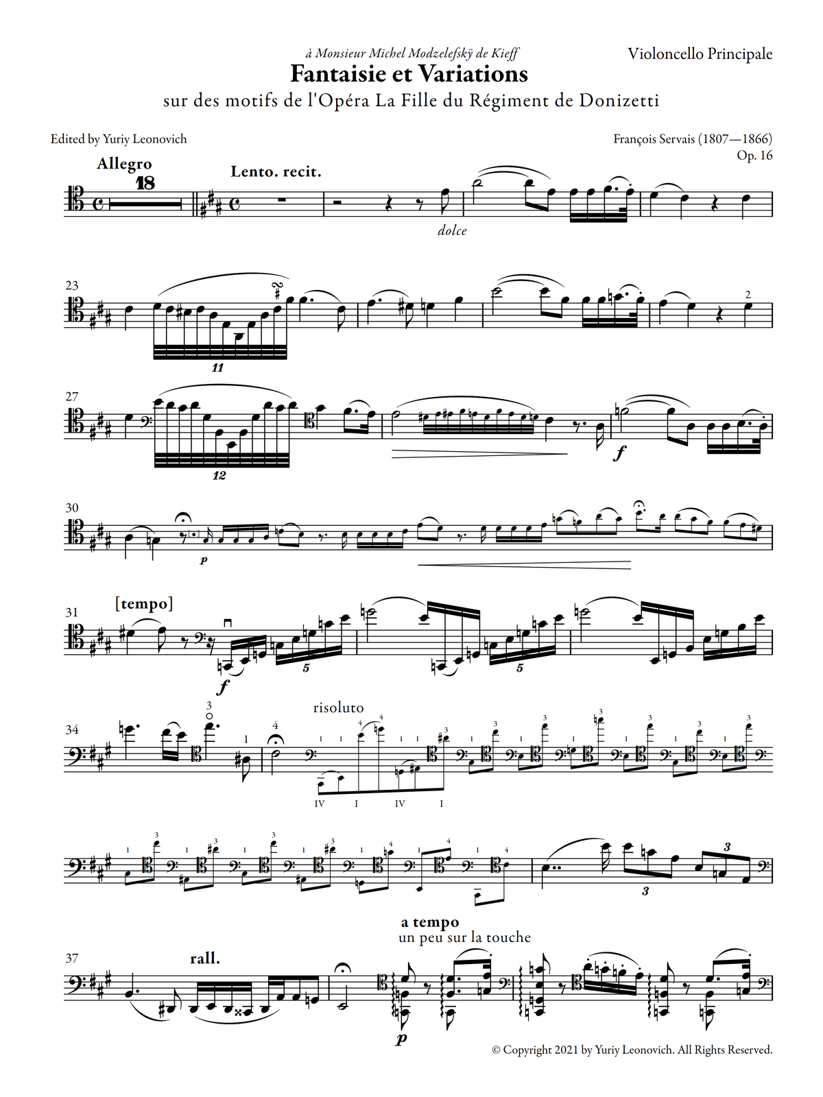 Servais - Fantaisie et Variations sur des motifs de l'Opéra la Fille du Régiment de Donizetti, Op. 16 (Urtext Edition, Piano Version)