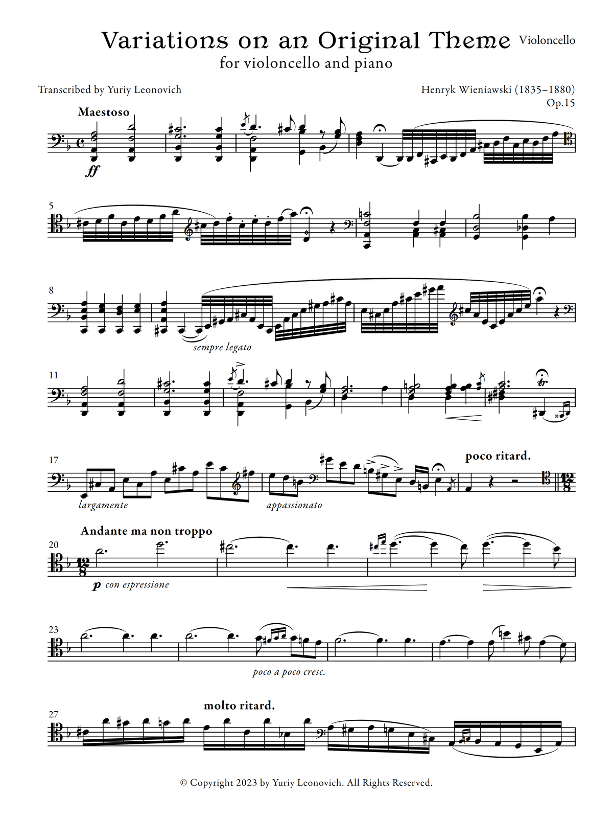 Wieniawski - Variations on an Original Theme, Op. 15 (Transcribed for Cello and Piano)