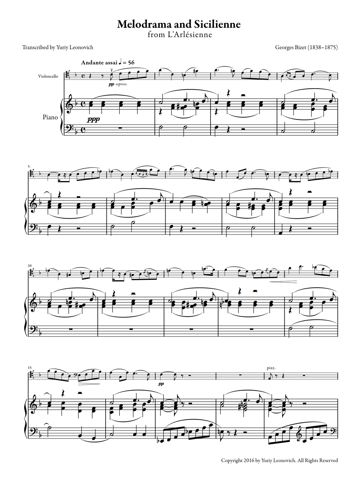 Bizet - Melodrama and Sicilienne from L'Arlesienne (Transcribed for Cello and Piano)