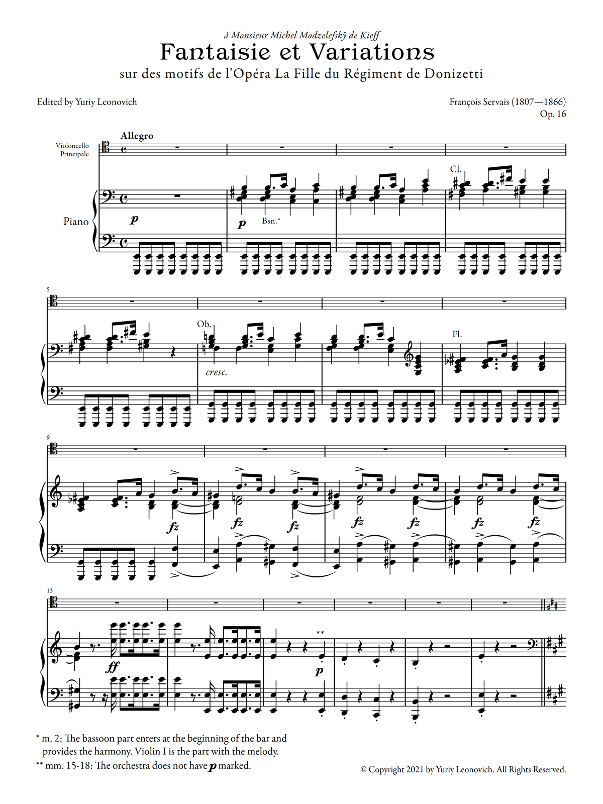 Servais - Fantaisie et Variations sur des motifs de l'Opéra la Fille du Régiment de Donizetti, Op. 16 (Urtext Edition, Piano Version)
