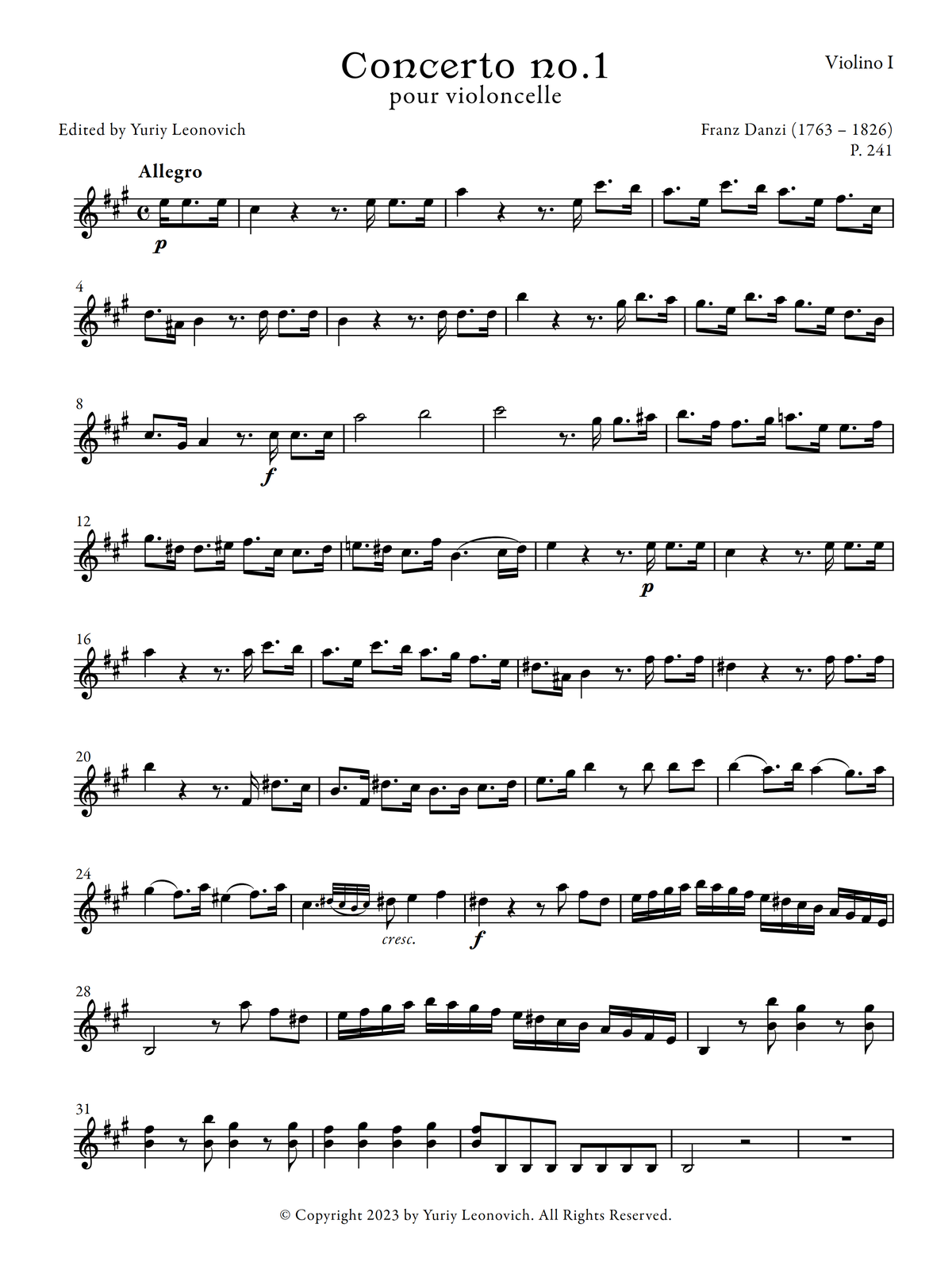 Danzi - Cello Concerto in A major, P. 241 (Urtext Edition, Orchestra Parts)
