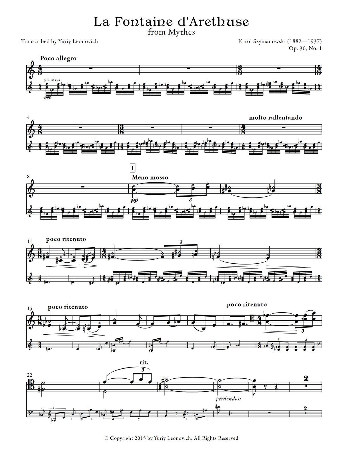 Szymanowski - La Fontaine d'Arethuse from Mythes, Op. 30 (Transcribed for Cello and Piano)