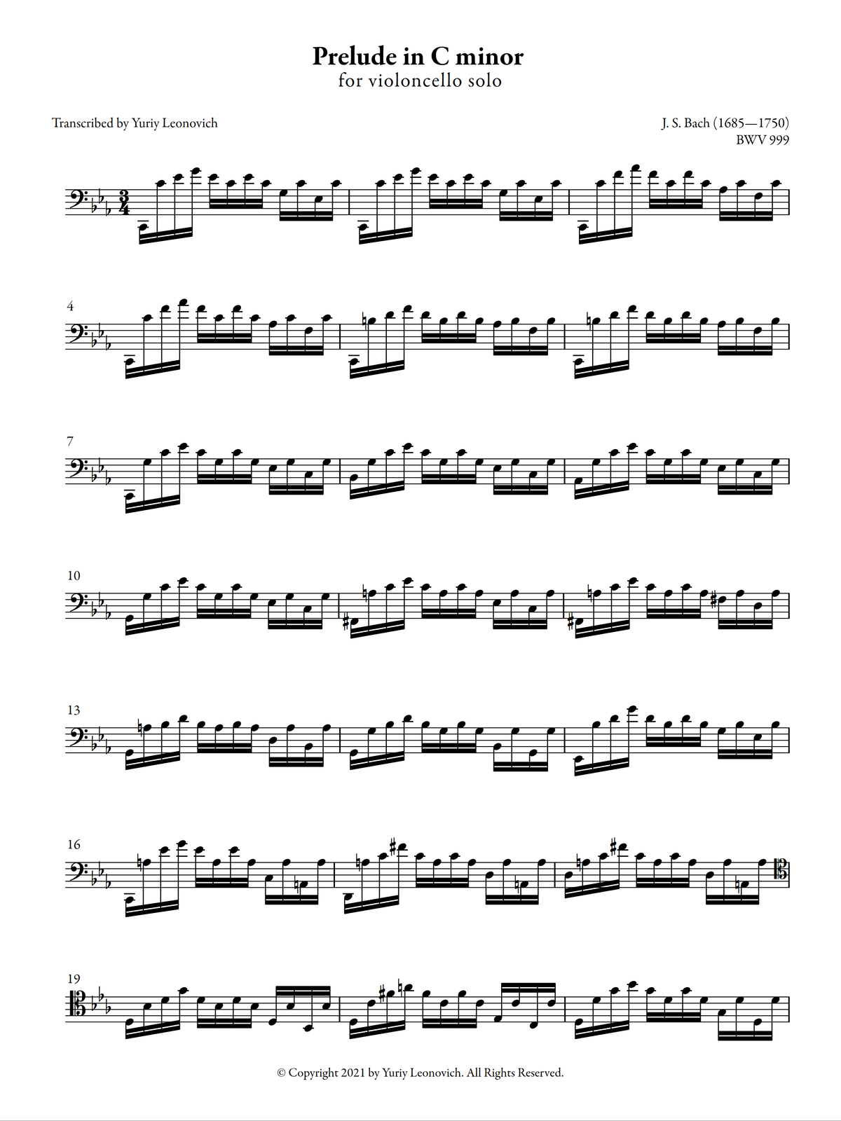 J. S. Bach - Prelude in C minor, BWV 999 (Transcribed for Cello Solo)