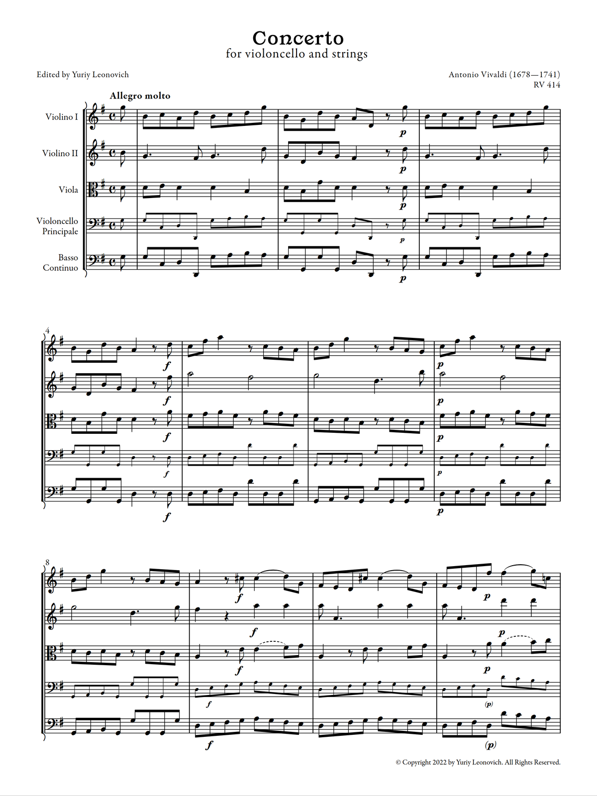 Vivaldi - Cello Concerto in G major, RV 414 (Urtext Edition)
