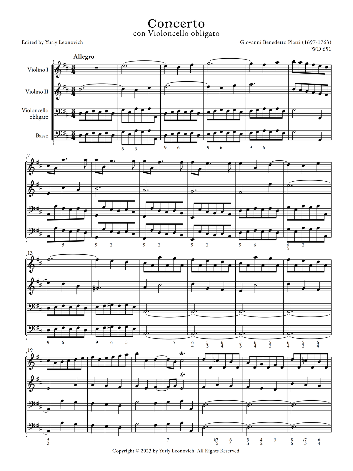 Platti - Cello Concerto in D major, WD 651 (Urtext Edition)