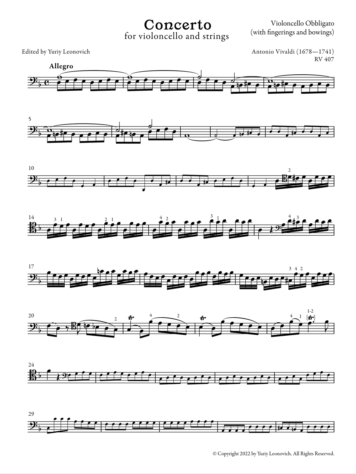 Vivaldi - Cello Concerto in D minor, RV 407 (Urtext Edition, Piano)