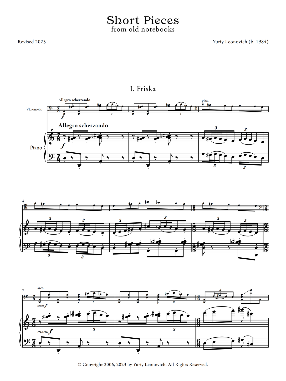 Leonovich - Short Pieces from Old Notebooks for Cello and Piano