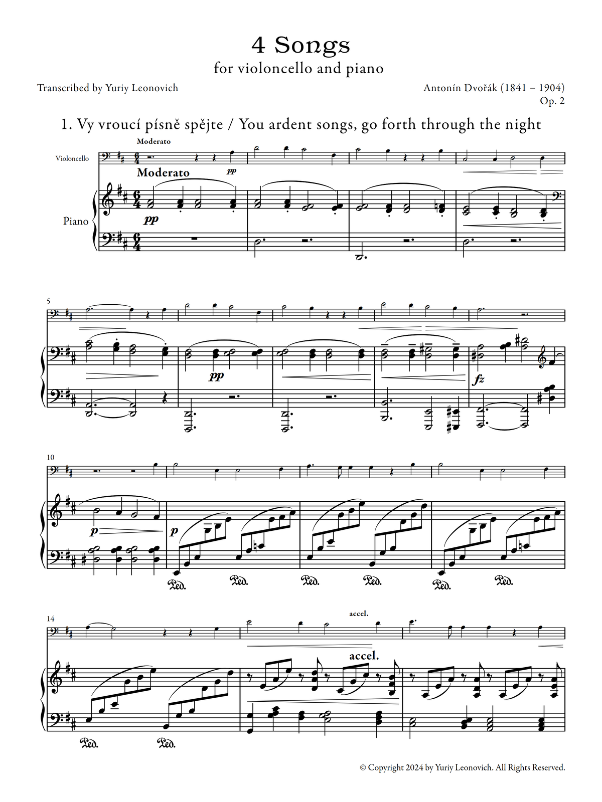 Dvořák - 4 Songs, Op. 2/B. 124 (Transcribed for Cello and Piano)