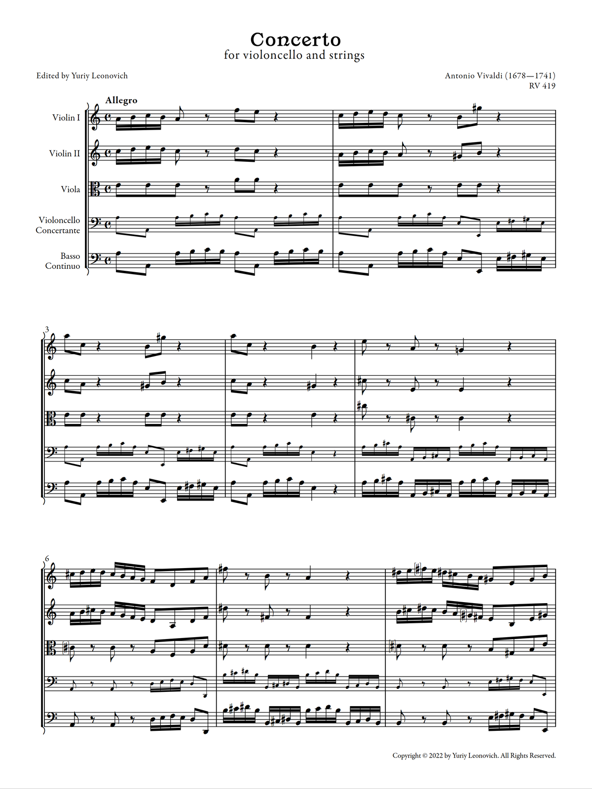 Vivaldi - Cello Concerto in A minor, RV 419 (Urtext Edition)